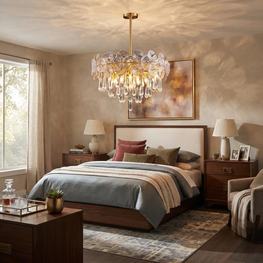 Sculptural Lotus Drum Chandelier in textured glass for Dining Room by AUVIELIGHT