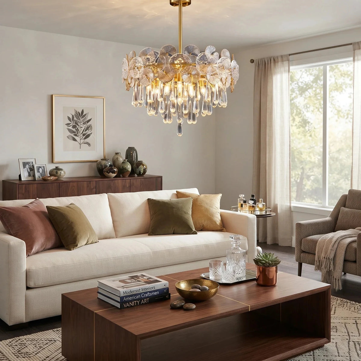 Sculptural Lotus Drum Chandelier in textured glass for Dining Room by AUVIELIGHT