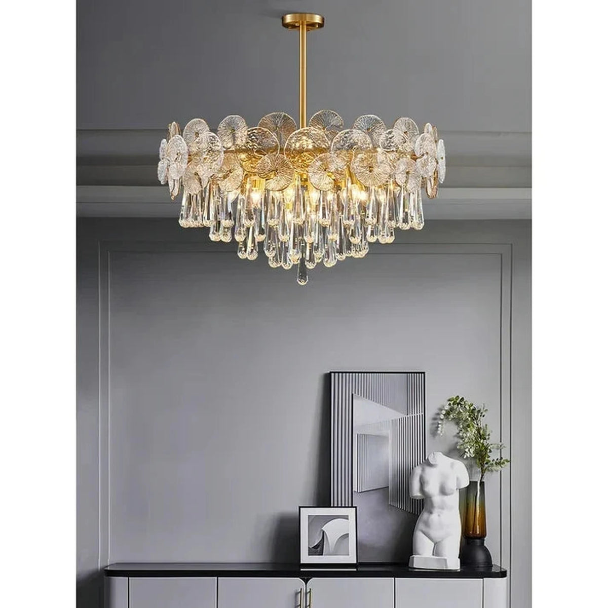 Sculptural Lotus Drum Chandelier in textured glass for Dining Room by AUVIELIGHT