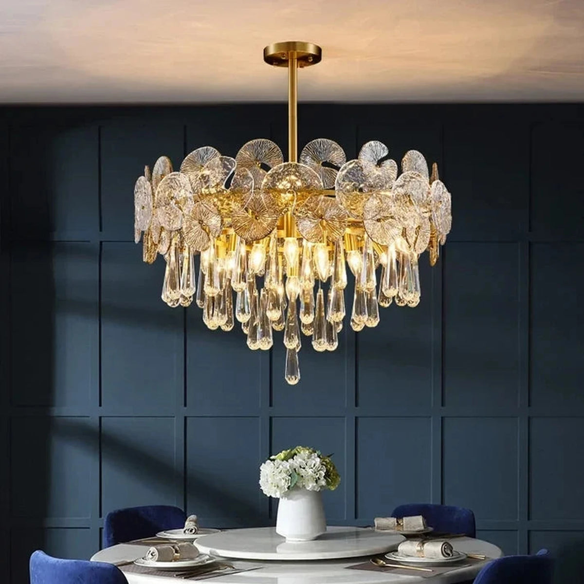 Sculptural Lotus Drum Chandelier in textured glass for Dining Room by AUVIELIGHT