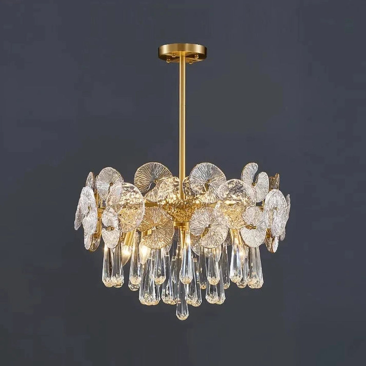 Sculptural Lotus Drum Chandelier in textured glass for Dining Room by AUVIELIGHT, ∅ 19.7″ x H 16.2″ / Natural Brass & Amber
