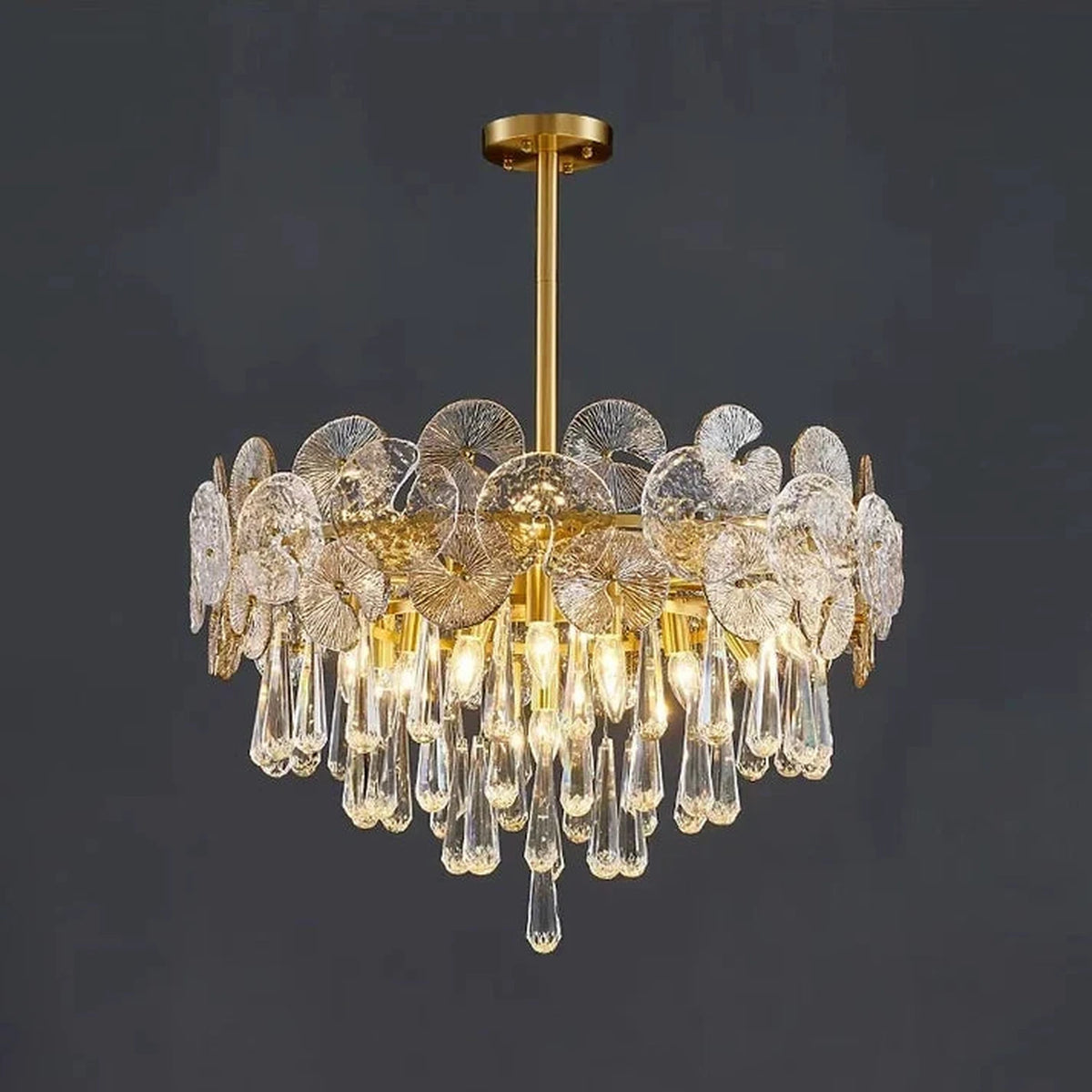 Sculptural Lotus Drum Chandelier in textured glass for Dining Room by AUVIELIGHT, ∅ 23.6″ x H 18.2″ / Natural Brass & Amber