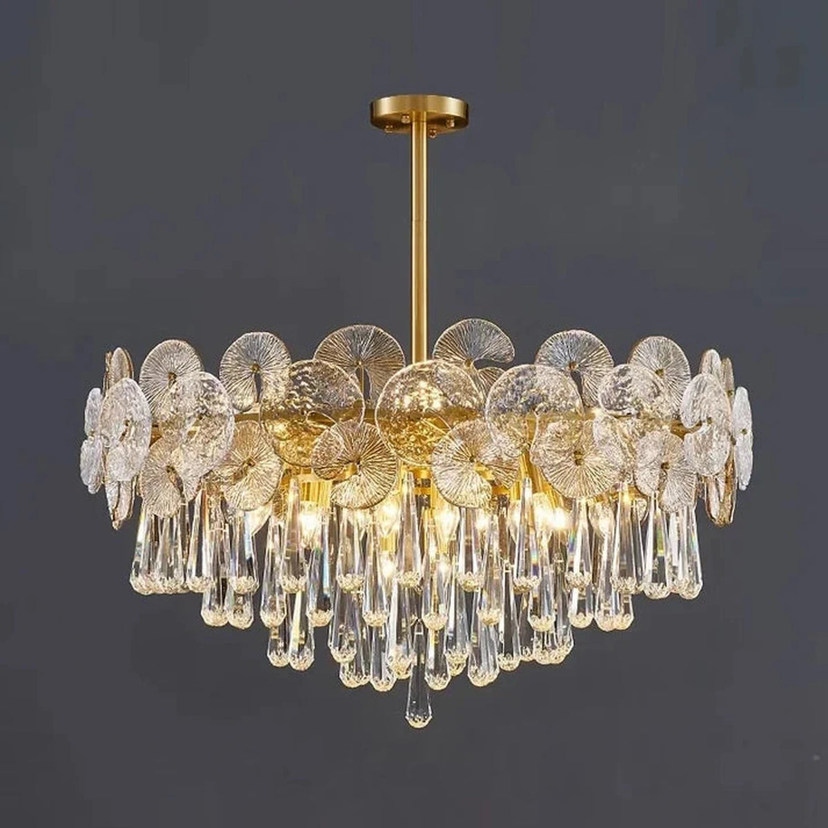 Sculptural Lotus Drum Chandelier in textured glass for Dining Room by AUVIELIGHT, ∅ 31.5″ x H 20.2″ / Natural Brass & Amber