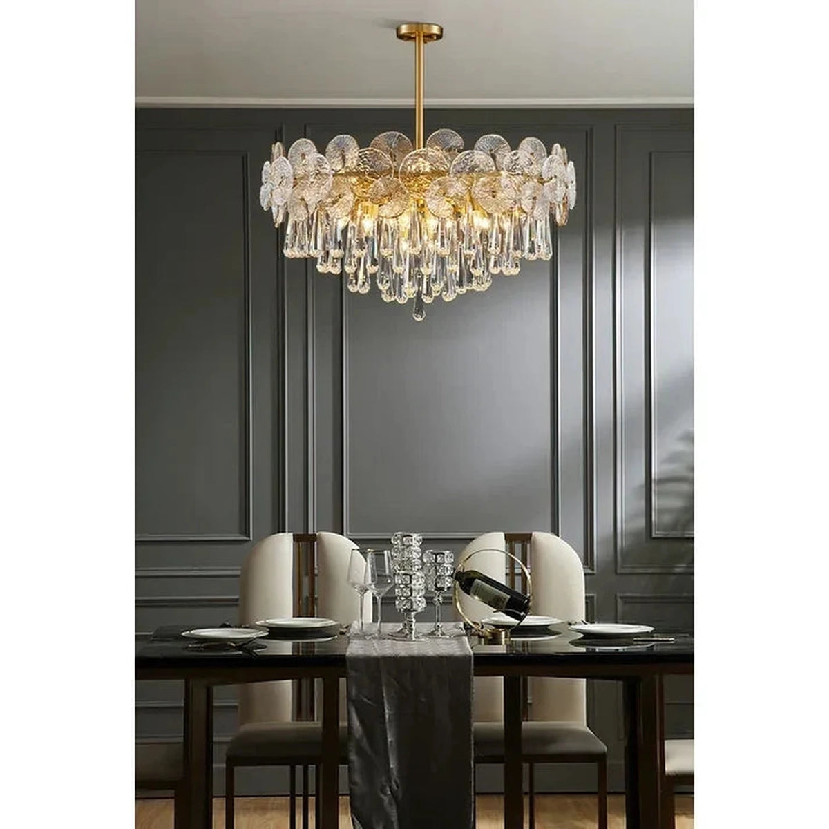 Sculptural Lotus Drum Chandelier in textured glass for Dining Room by AUVIELIGHT