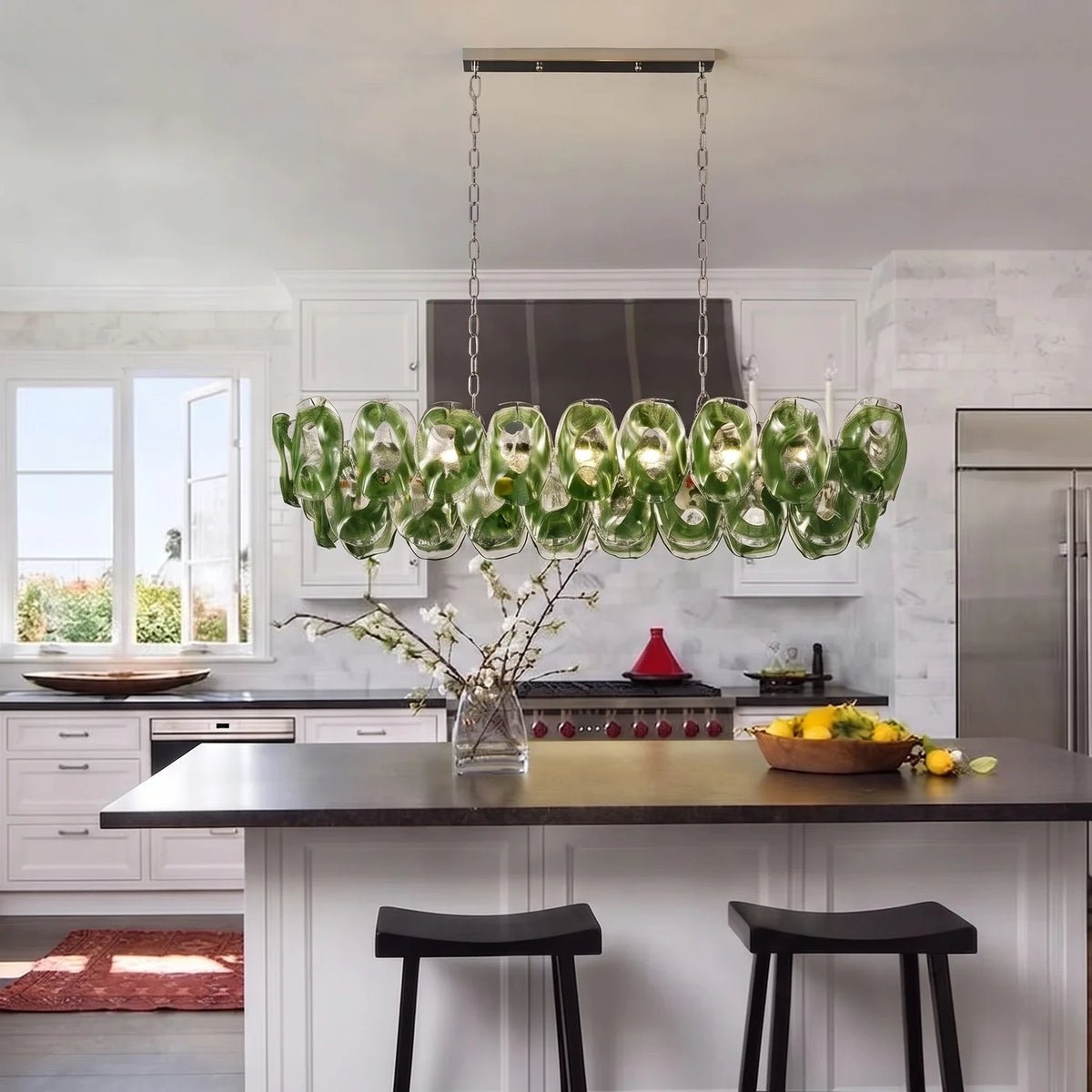 Sculptural Molten Linear Chandelier in emerald green glass for Dining Room by AUVIELIGHT