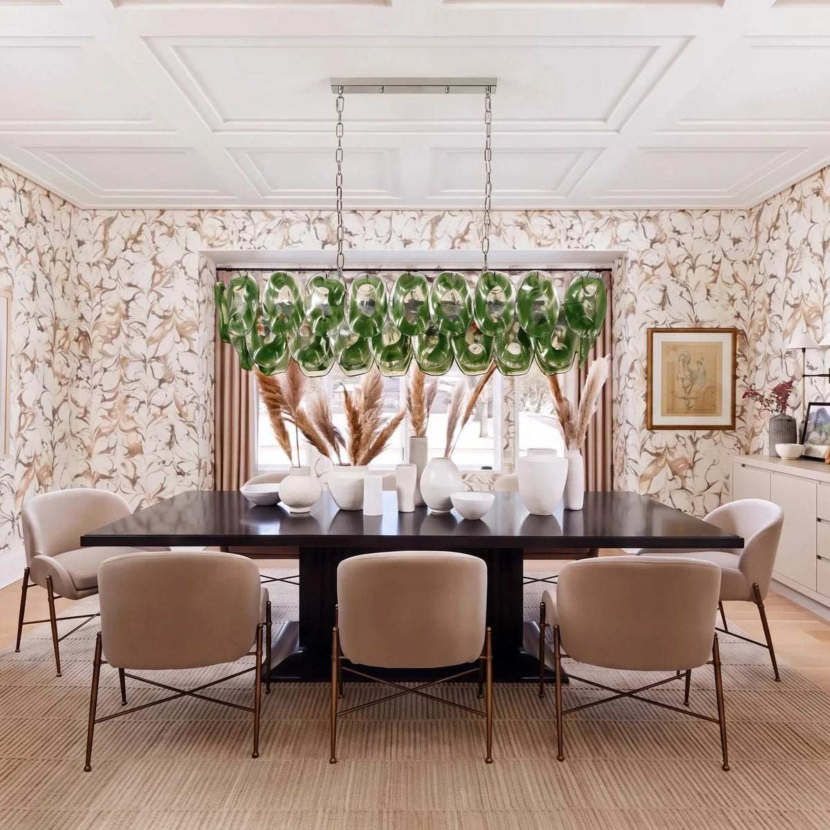 Sculptural Molten Linear Chandelier in emerald green glass for Dining Room by AUVIELIGHT