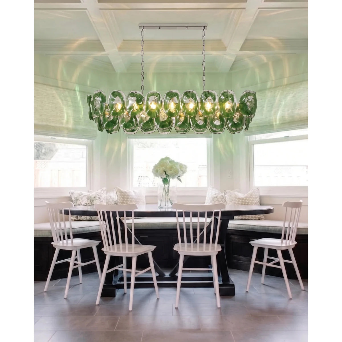 Sculptural Molten Linear Chandelier in emerald green glass for Dining Room by AUVIELIGHT