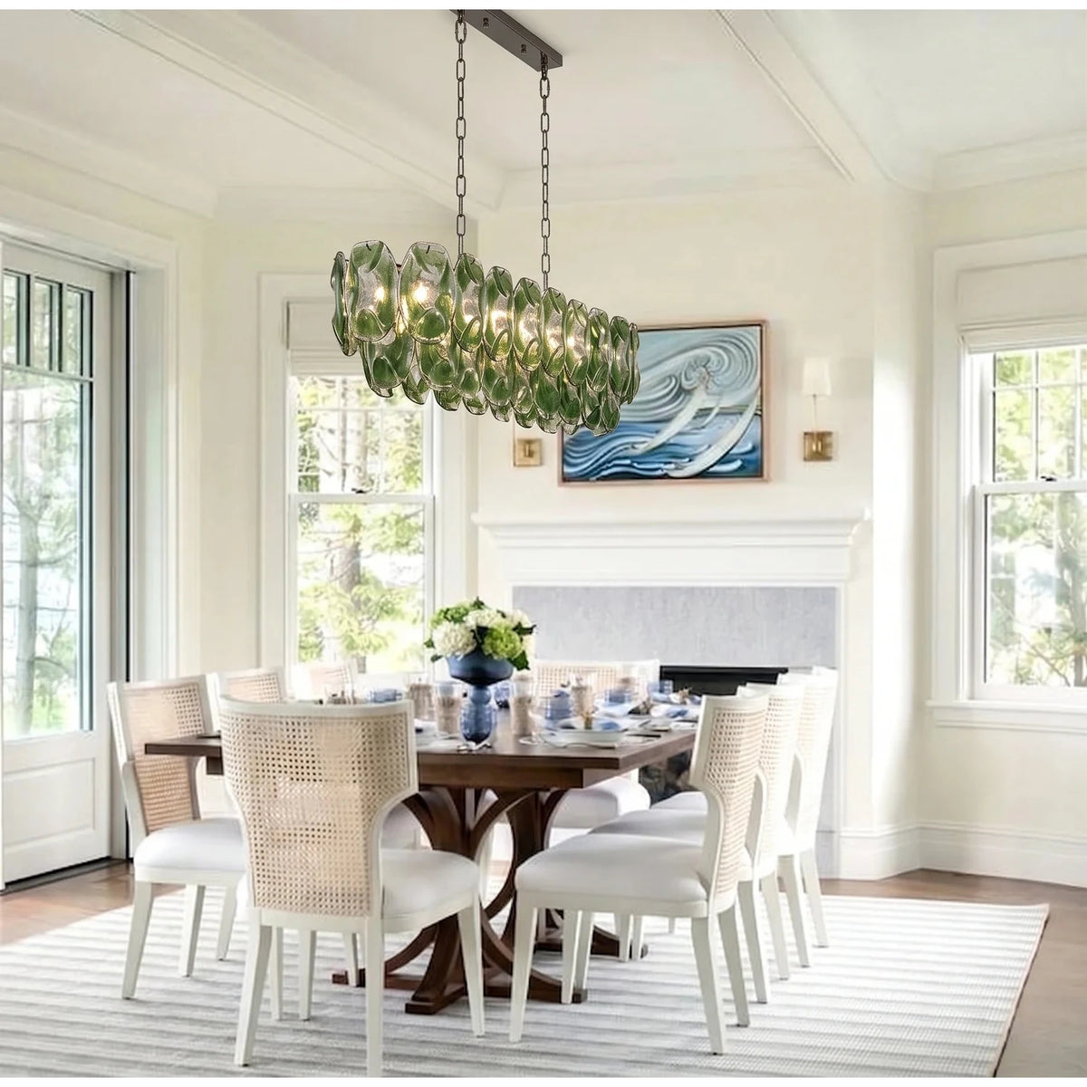 Sculptural Molten Linear Chandelier in emerald green glass for Dining Room by AUVIELIGHT