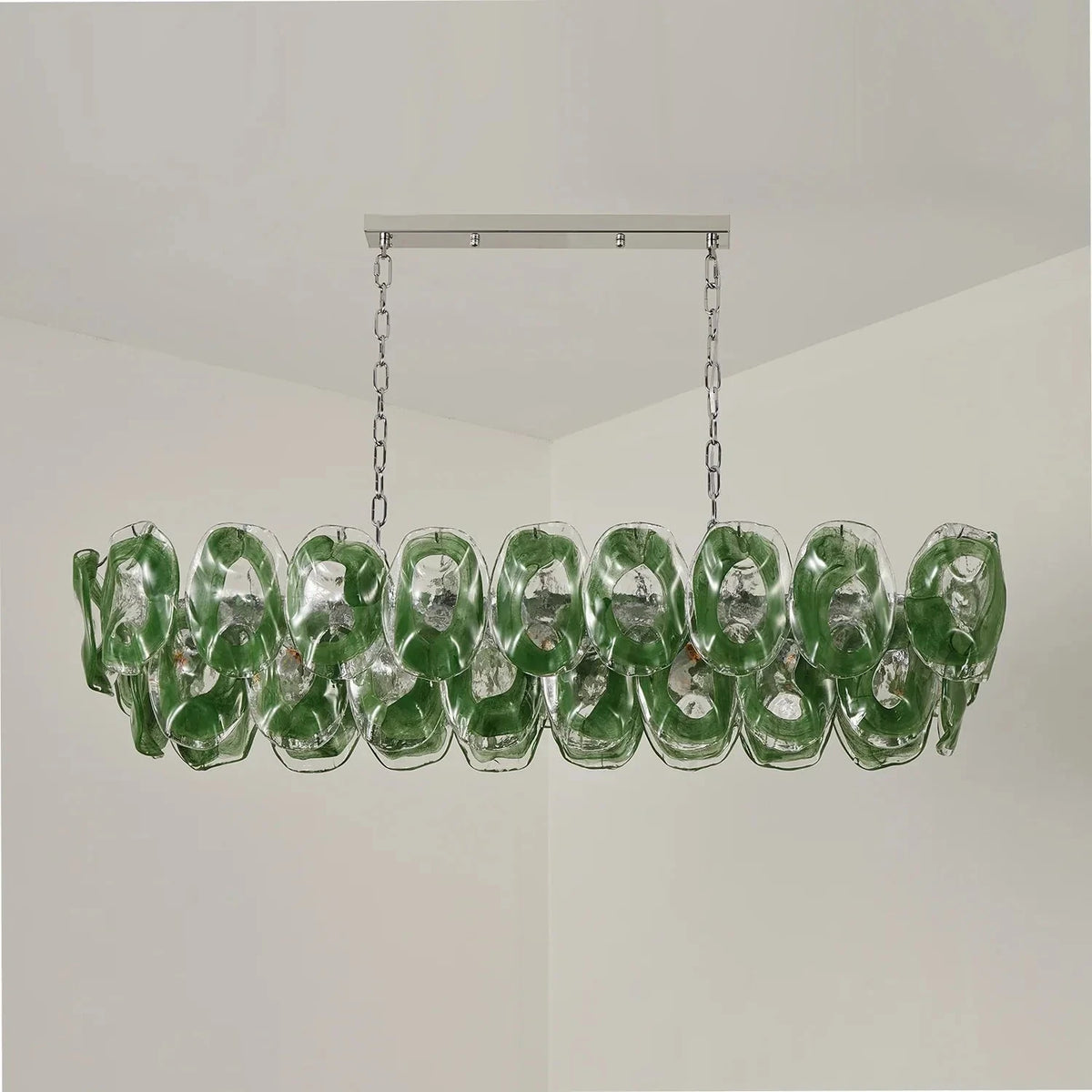Sculptural Molten Linear Chandelier in emerald green glass for Dining Room by AUVIELIGHT, L 39.4″ x W 13.8″ x H 11.4″ / Green