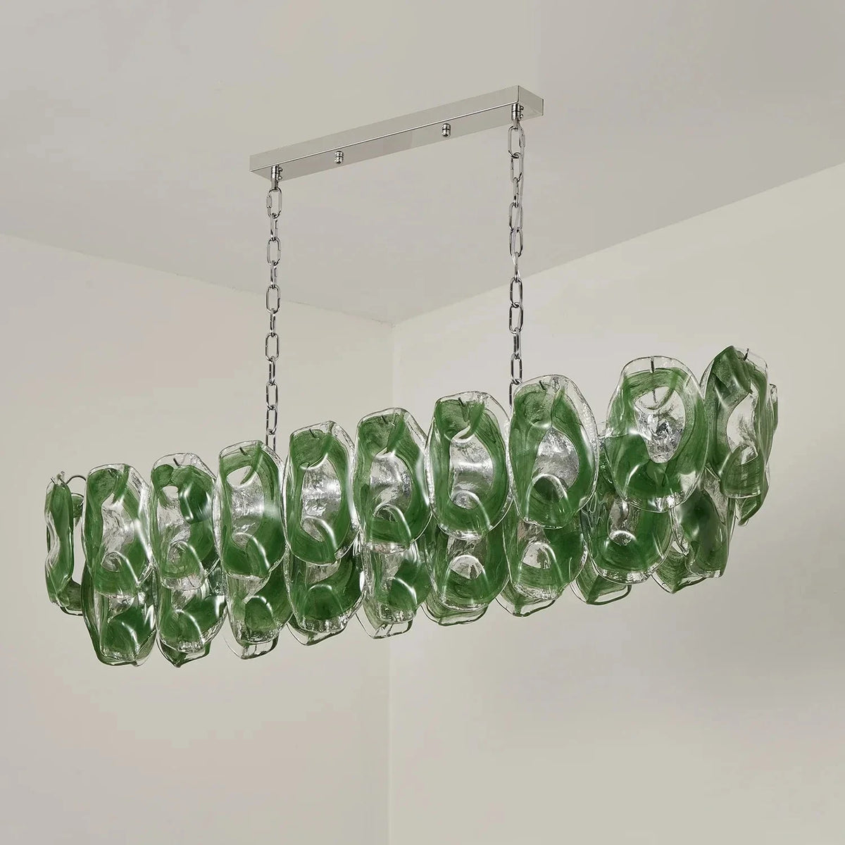 Sculptural Molten Linear Chandelier in emerald green glass for Dining Room by AUVIELIGHT, L 47.2″ x W 13.8″ x H 11.4″ / Green