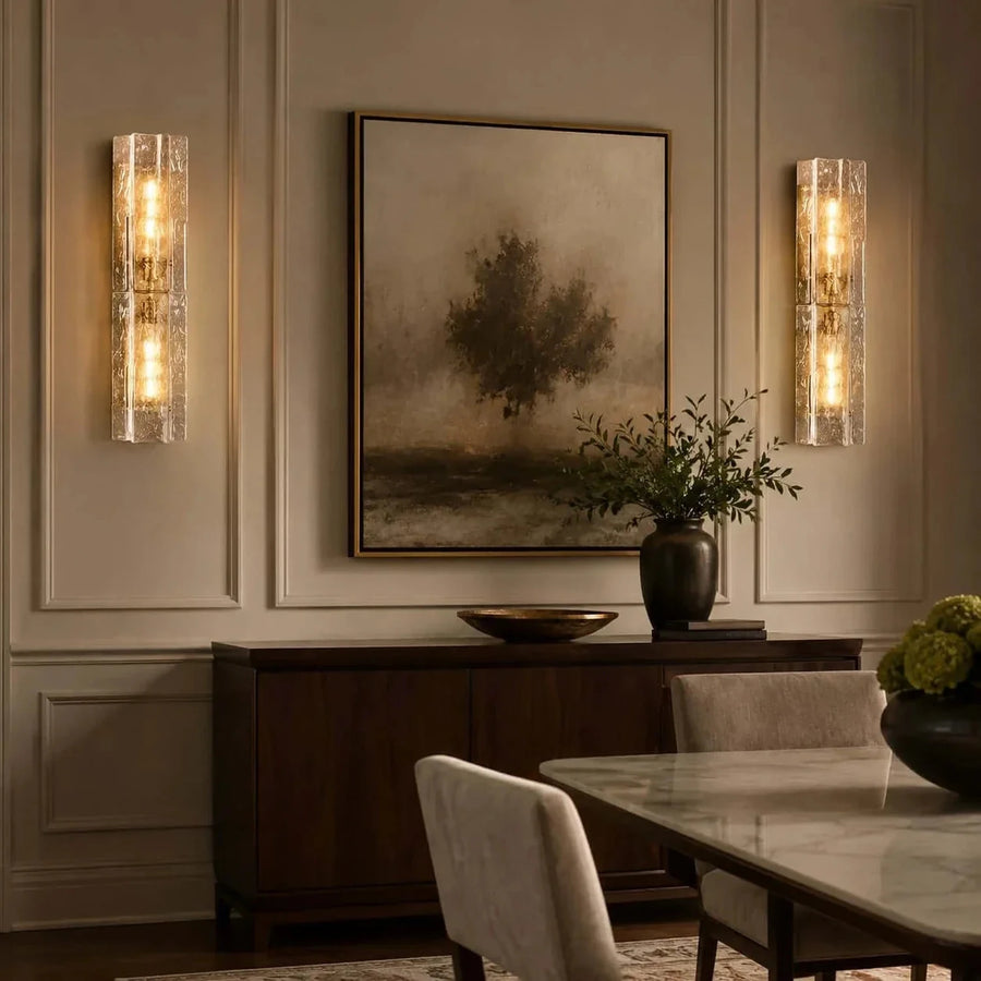 Sculptural Molten Vertical Wall Sconce in ice glass for Hallway by AUVIELIGHT