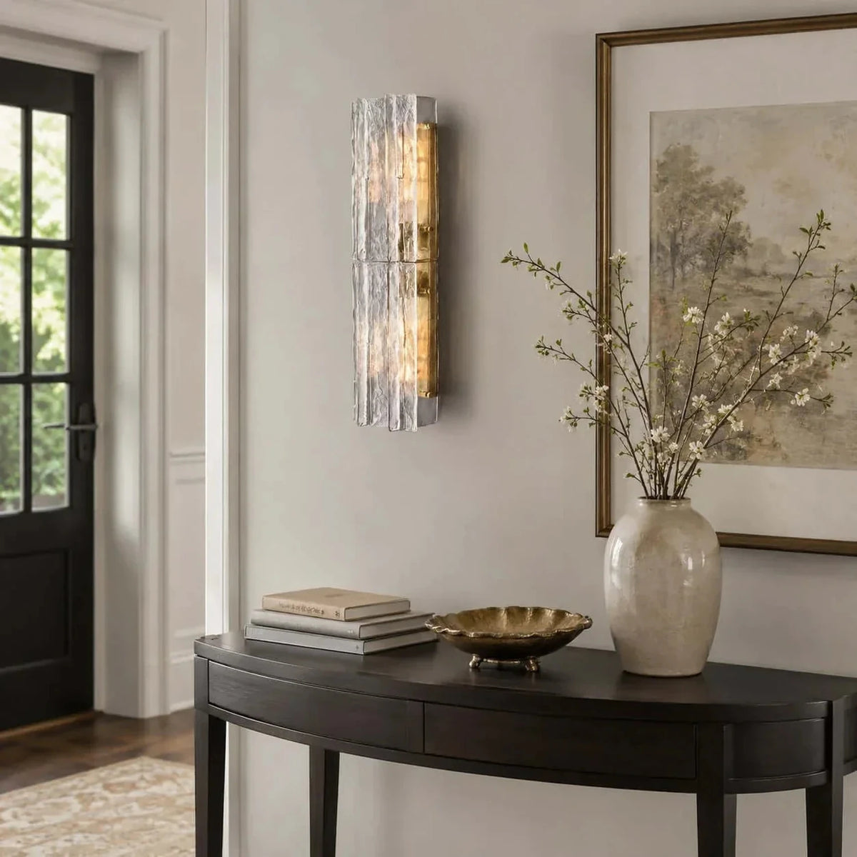 Sculptural Molten Vertical Wall Sconce in ice glass for Hallway by AUVIELIGHT
