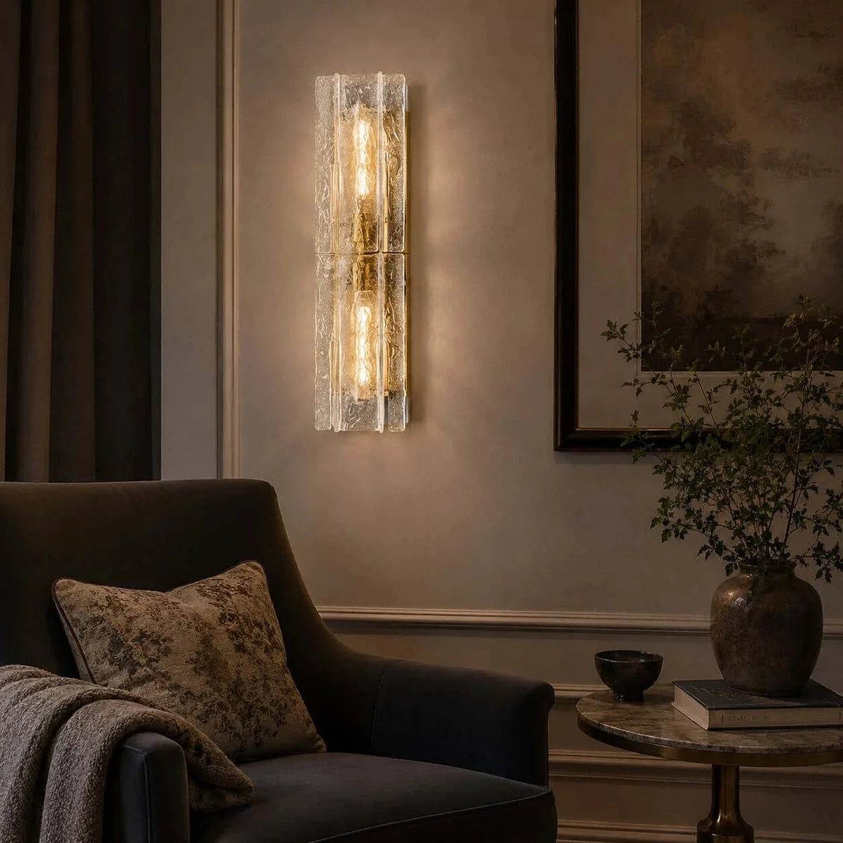 Sculptural Molten Vertical Wall Sconce in ice glass for Hallway by AUVIELIGHT
