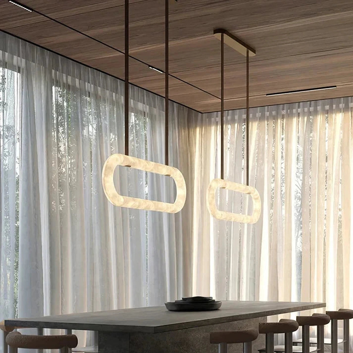 Sculptural Oval Ring Chandelier in alabaster for Dining Room by AUVIELIGHT