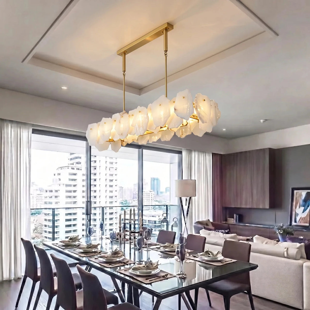 Sculptural Petal Chandelier in alabaster for Dining Room by AUVIELIGHT