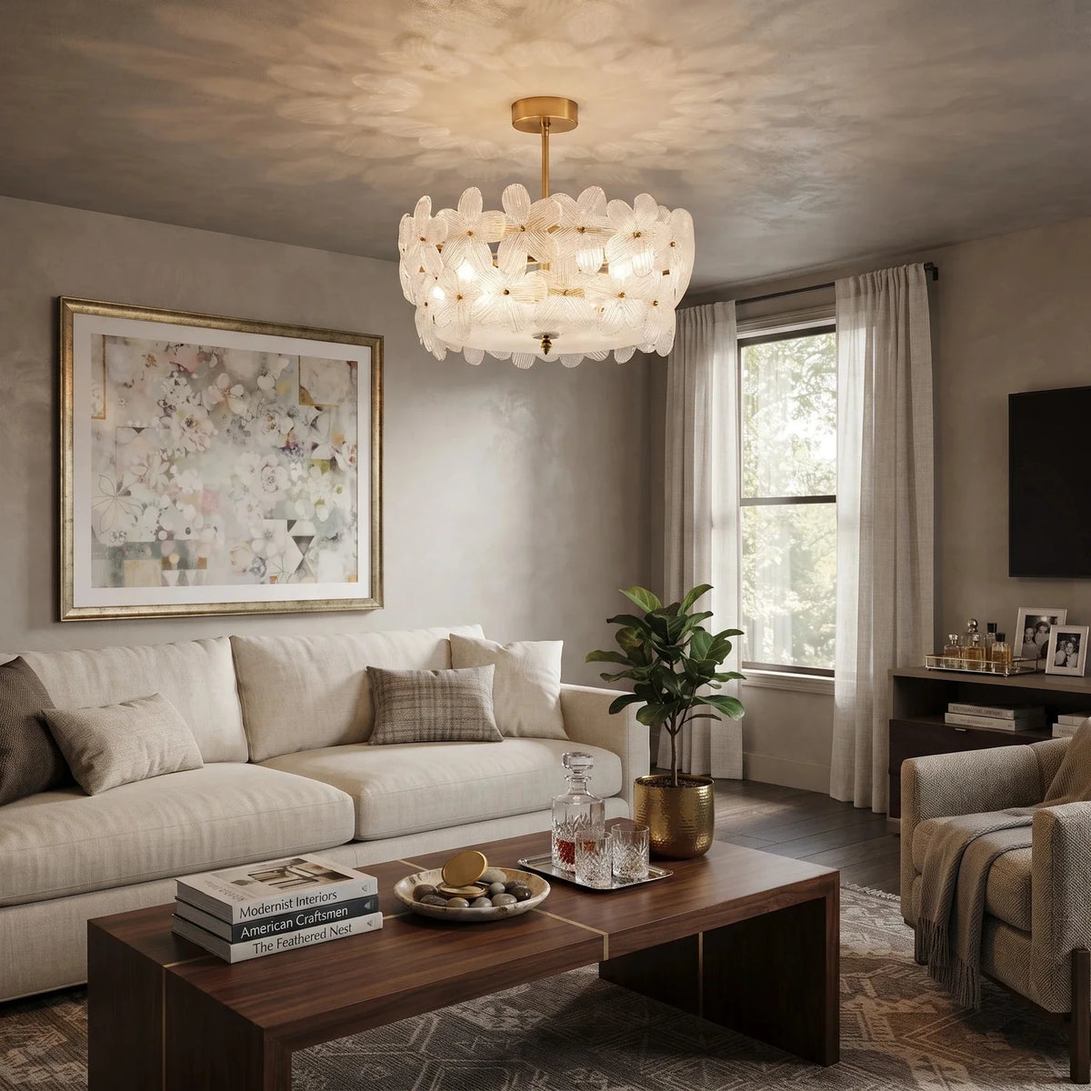 Sculptural Petal Drum Chandelier in frosted glass for Dining Room by AUVIELIGHT