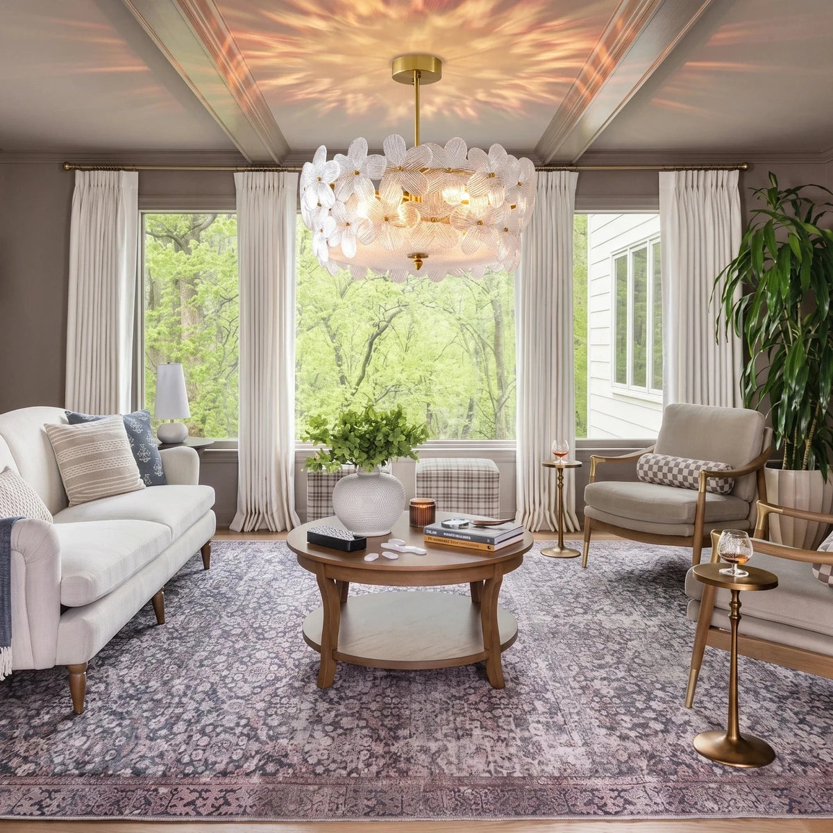 Sculptural Petal Drum Chandelier in frosted glass for Dining Room by AUVIELIGHT