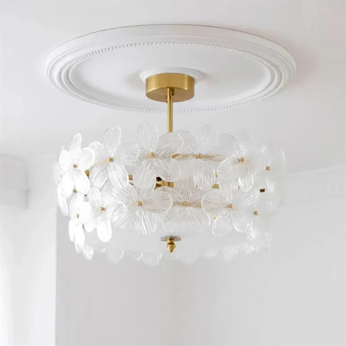 Sculptural Petal Drum Chandelier in frosted glass for Dining Room by AUVIELIGHT, ∅ 21.6″ x H 16.5″ / Brass & Clear