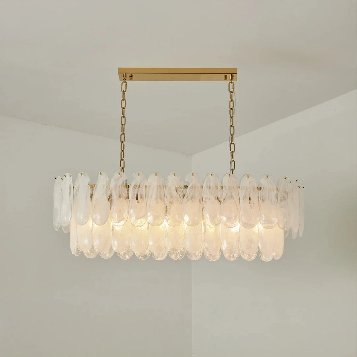 Sculptural Petal Oval Chandelier in frosted glass for Dining Room by AUVIELIGHT, L 39.4" x H 12.6" /  L 100cm x H 32cm / White + Glod
