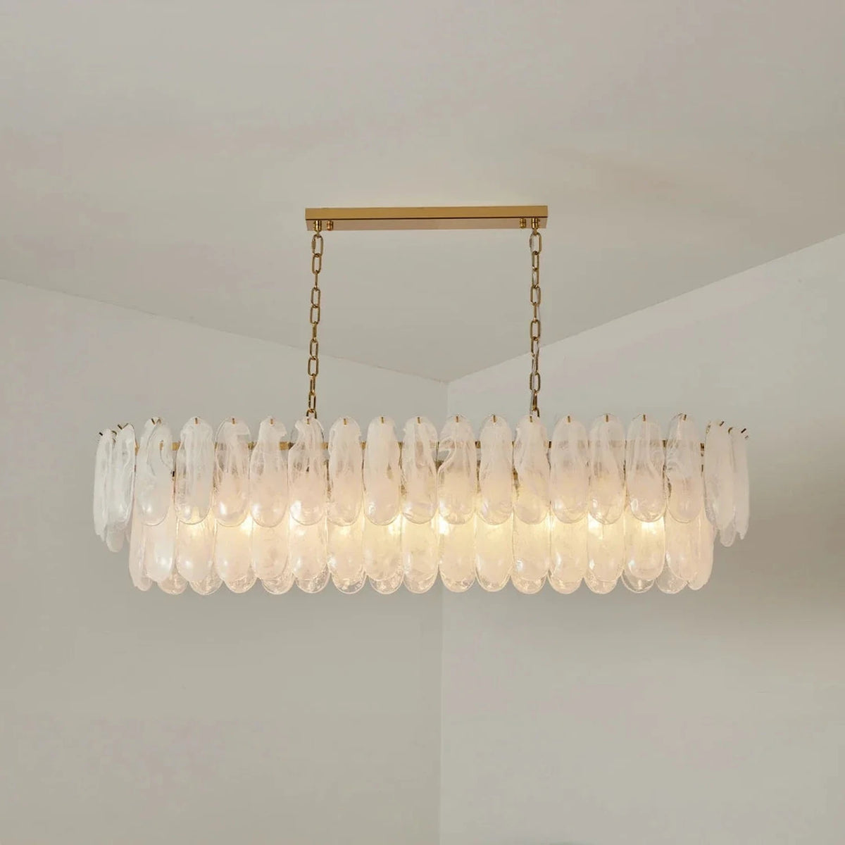 Sculptural Petal Oval Chandelier in frosted glass for Dining Room by AUVIELIGHT, L 47.2" x H 12.6" /  L 120cm  x H 32cm / White + Glod
