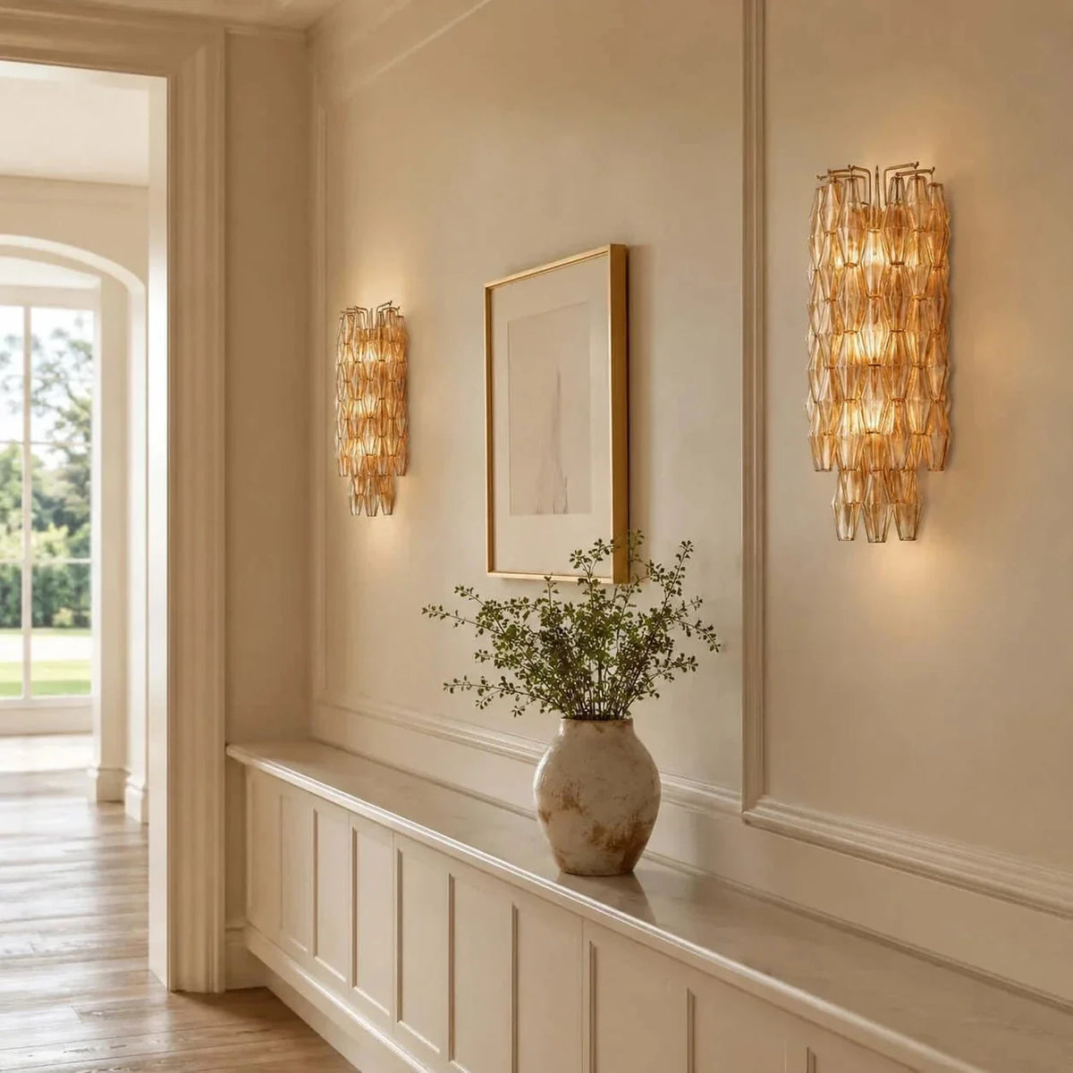 Sculptural Polyhedral Wall Sconce in amber glass for Hallway by AUVIELIGHT