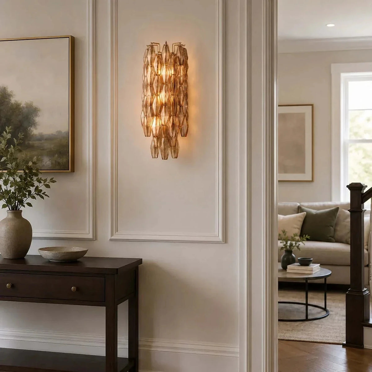 Sculptural Polyhedral Wall Sconce in amber glass for Hallway by AUVIELIGHT