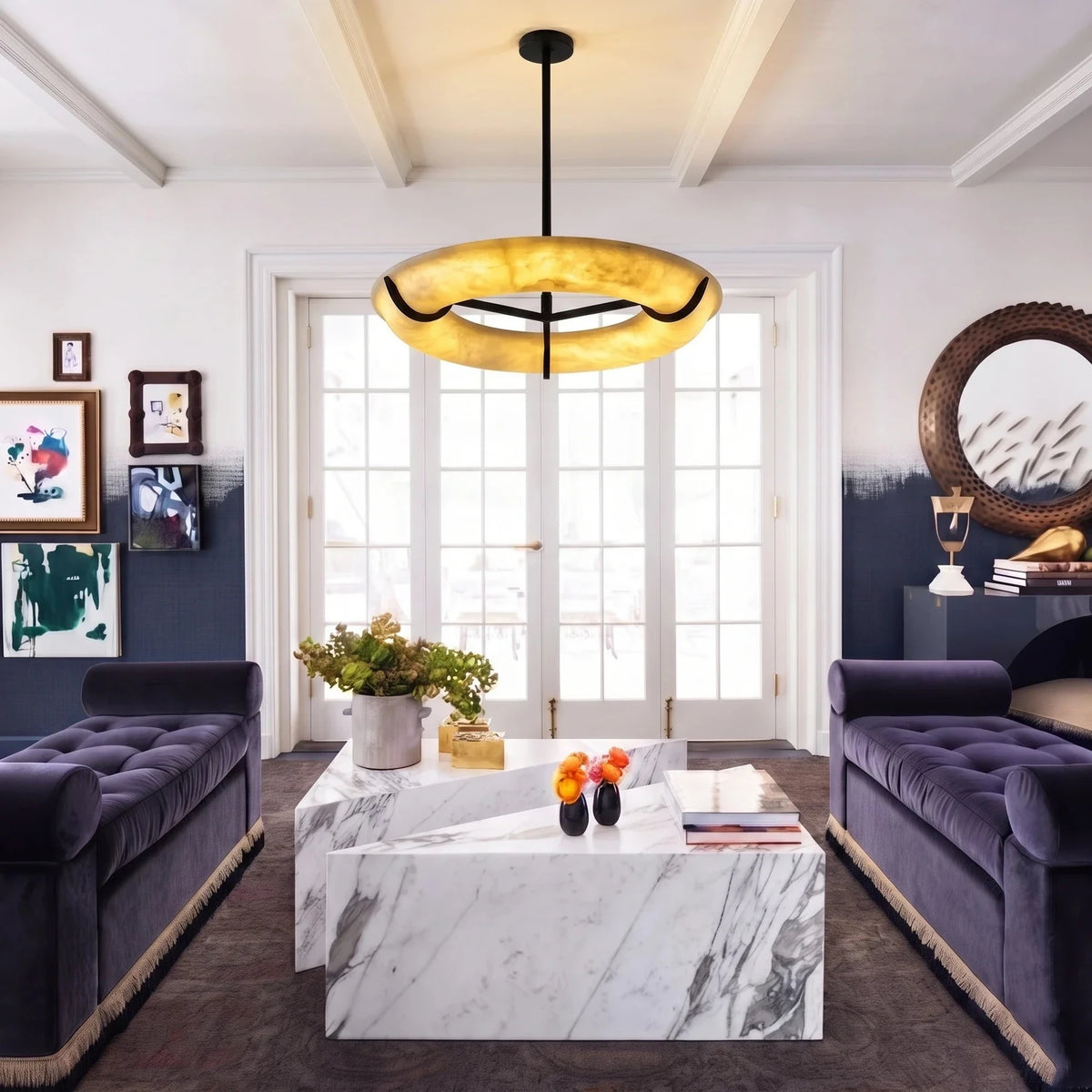 Sculptural Ring Chandelier in alabaster for Dining Room by AUVIELIGHT