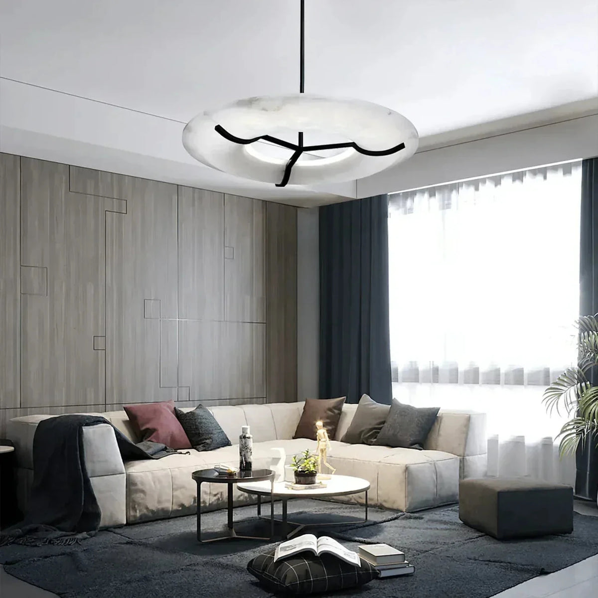 Sculptural Ring Chandelier in alabaster for Dining Room by AUVIELIGHT