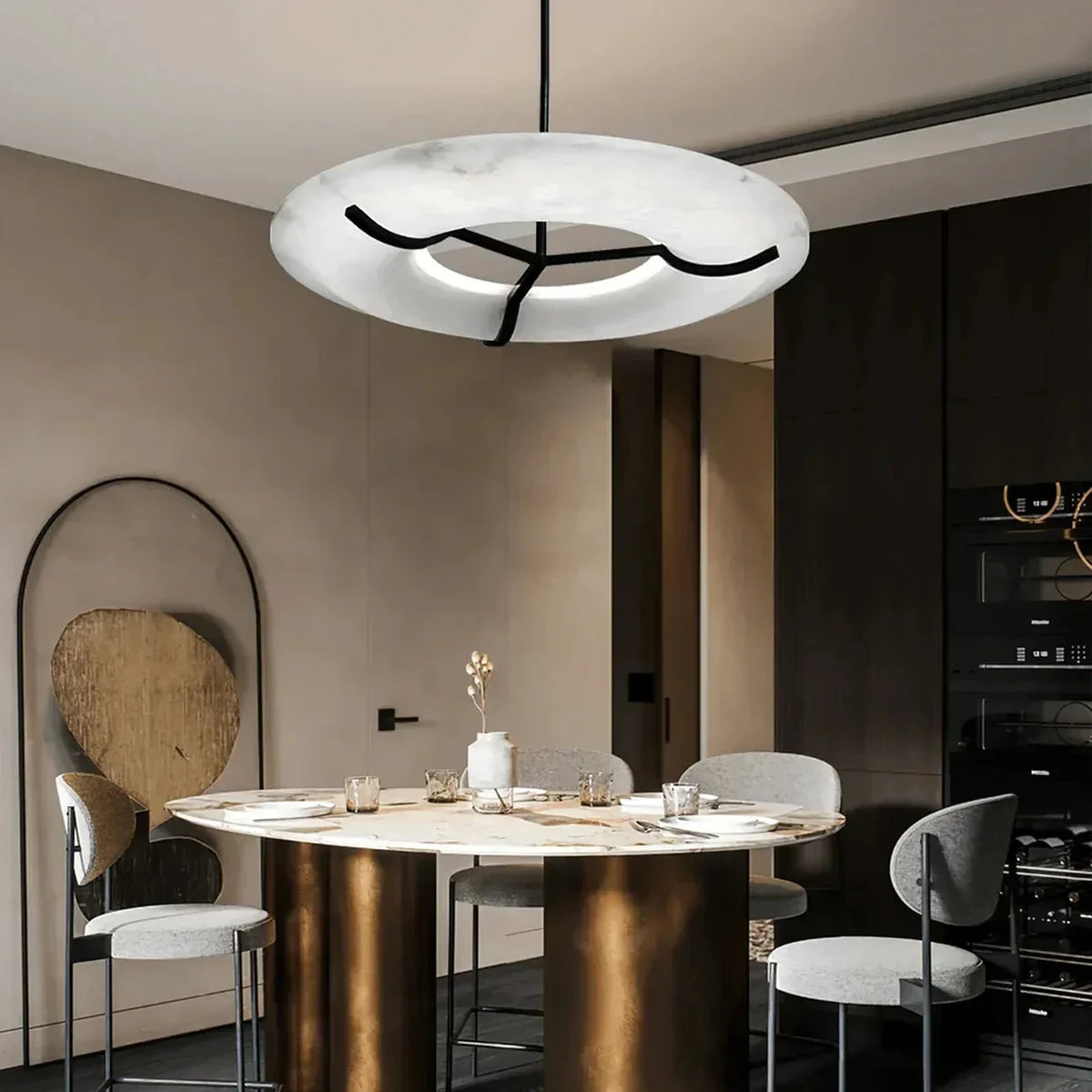 Sculptural Ring Chandelier in alabaster for Dining Room by AUVIELIGHT