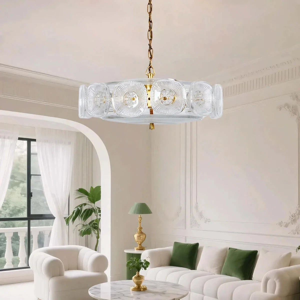 Sculptural Ring Chandelier in olive green textured glass for Dining Room by AUVIELIGHT