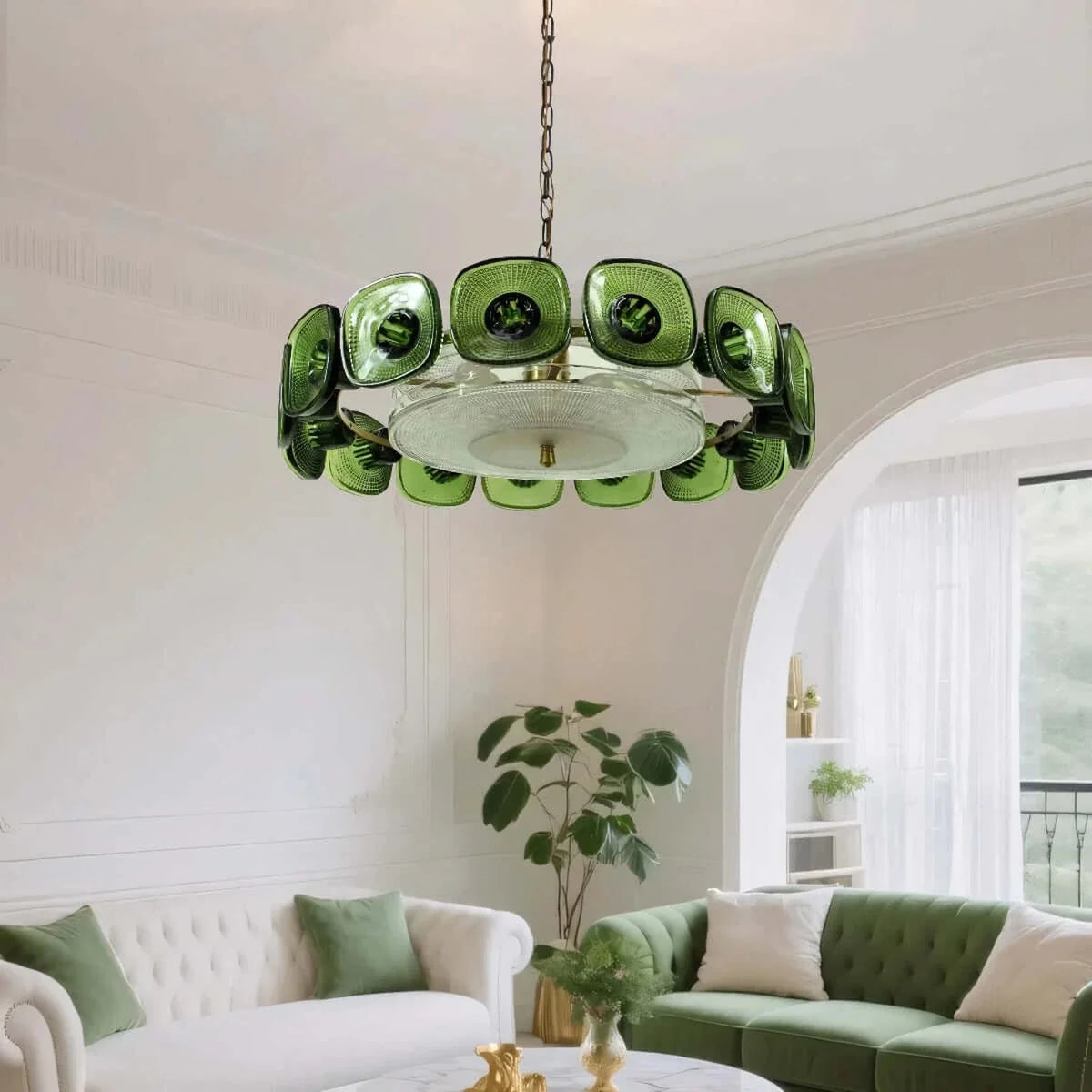 Sculptural Ring Chandelier in olive green textured glass for Dining Room by AUVIELIGHT