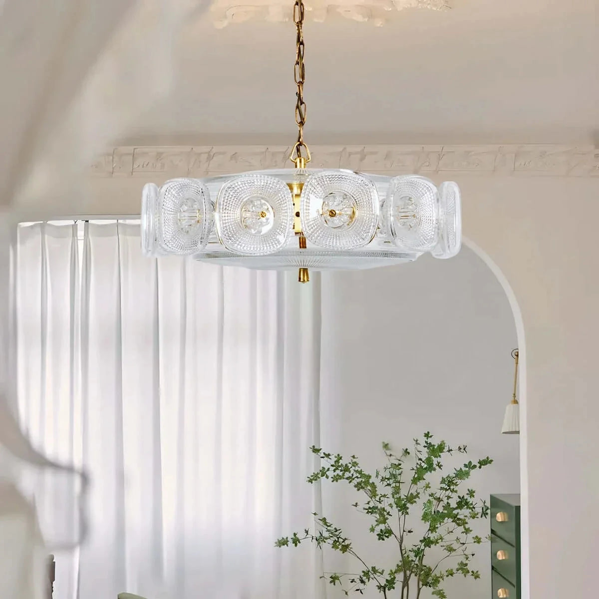 Sculptural Ring Chandelier in olive green textured glass for Dining Room by AUVIELIGHT