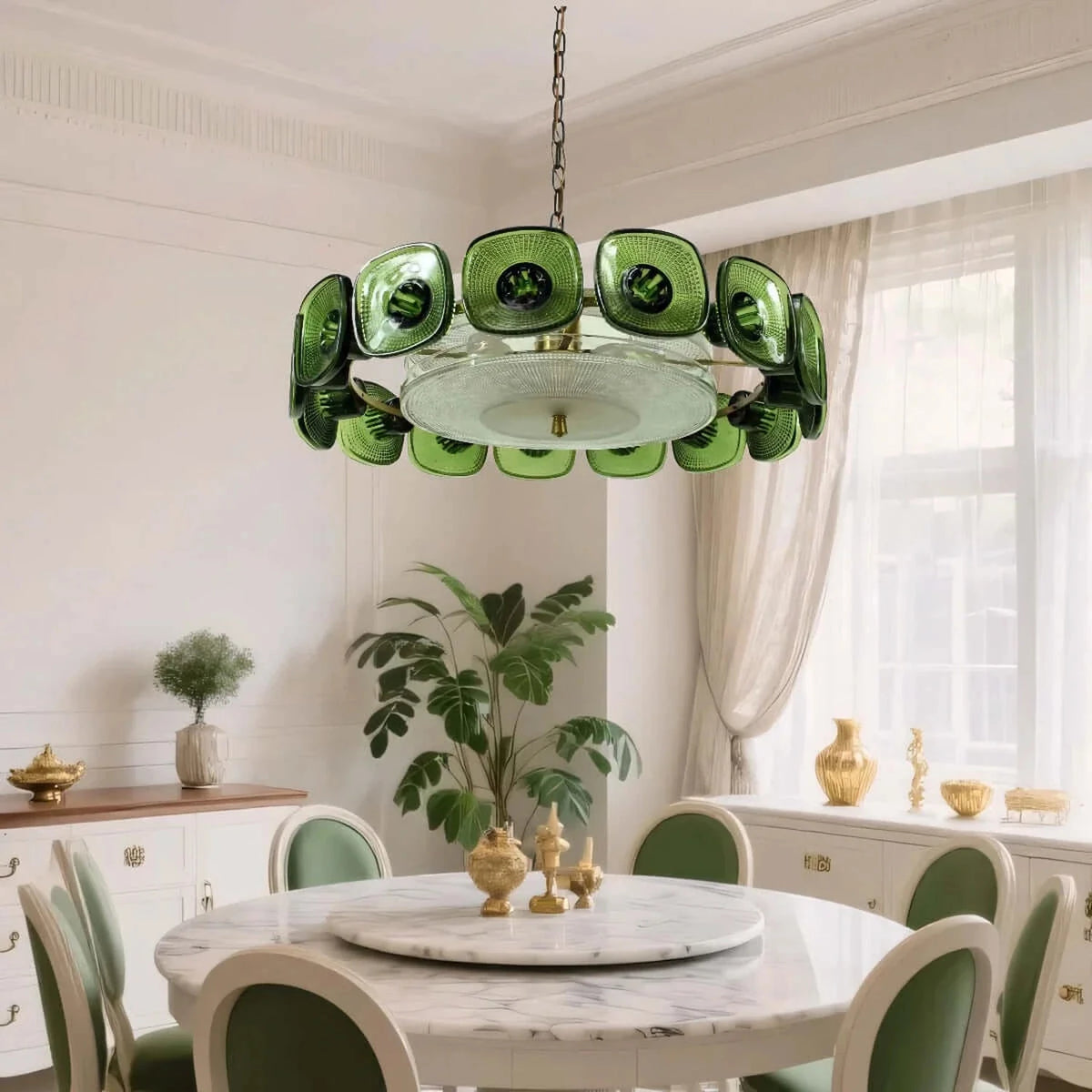 Sculptural Ring Chandelier in olive green textured glass for Dining Room by AUVIELIGHT
