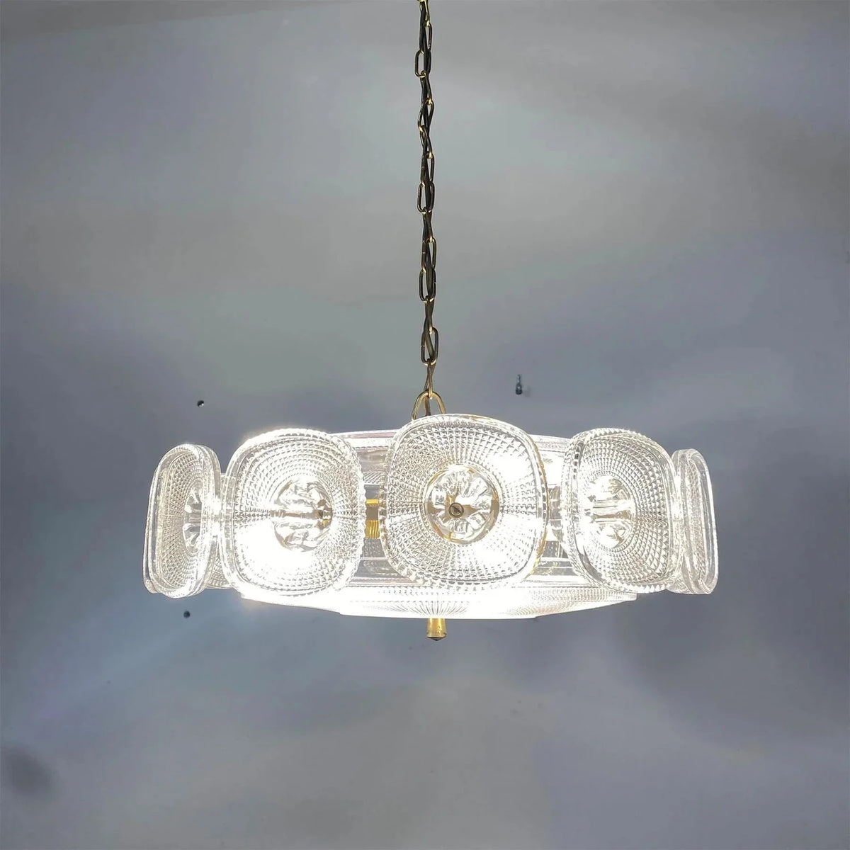 Sculptural Ring Chandelier in olive green textured glass for Dining Room by AUVIELIGHT, Dia 80 cm x H 16 cm / Dia 31.5" x H 6.3" / Clear