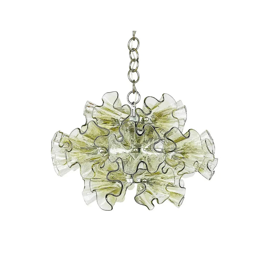 Sculptural Ruffled Chandelier in champagne glass for Dining Room by AUVIELIGHT, ∅ 23.6″ x H 11.8″ / Green & Clear & Chrome