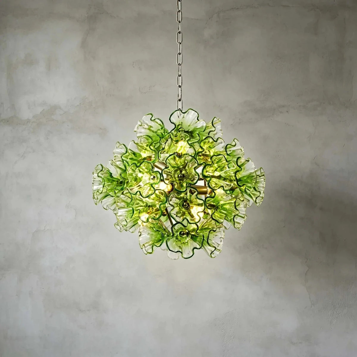 Sculptural Ruffled Globe Chandelier in glass for Dining Room light fixture by AUVIELIGHT, Dia 23.6" x H 18.1" / green