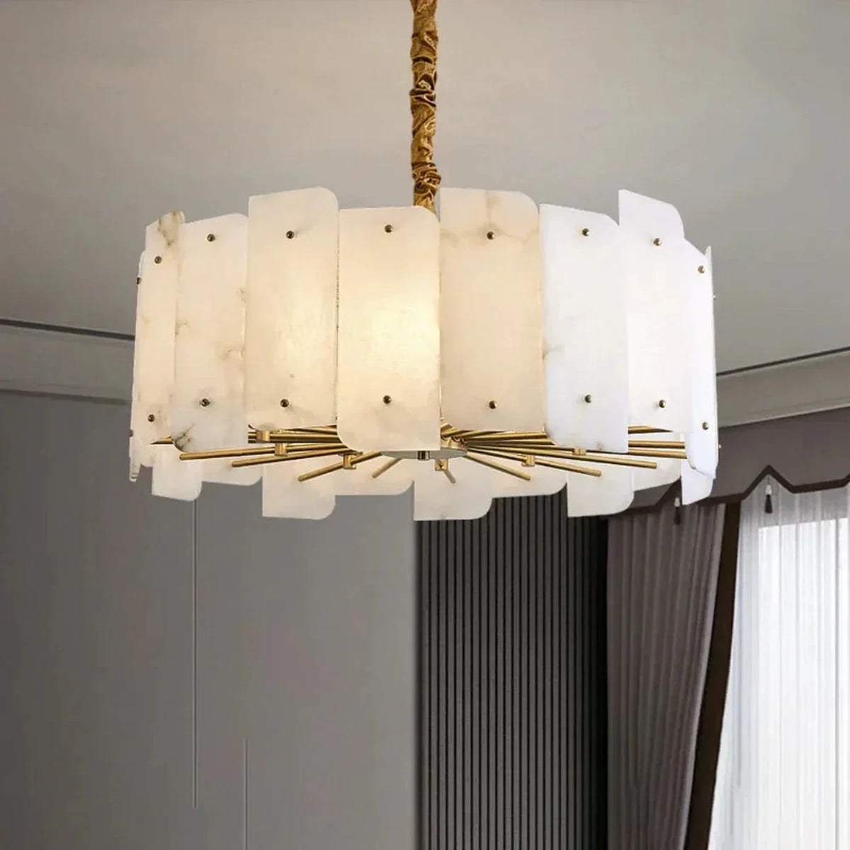 Sculptural Slat Chandelier in alabaster for Dining Room light fixture by AUVIELIGHT