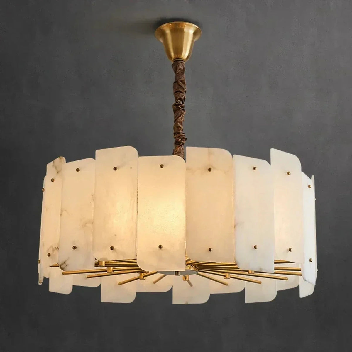 Sculptural Slat Chandelier in alabaster for Dining Room light fixture by AUVIELIGHT, Dia 80cm x H 33cm / ∅ 31.5″ x H 13″ / Gold + White