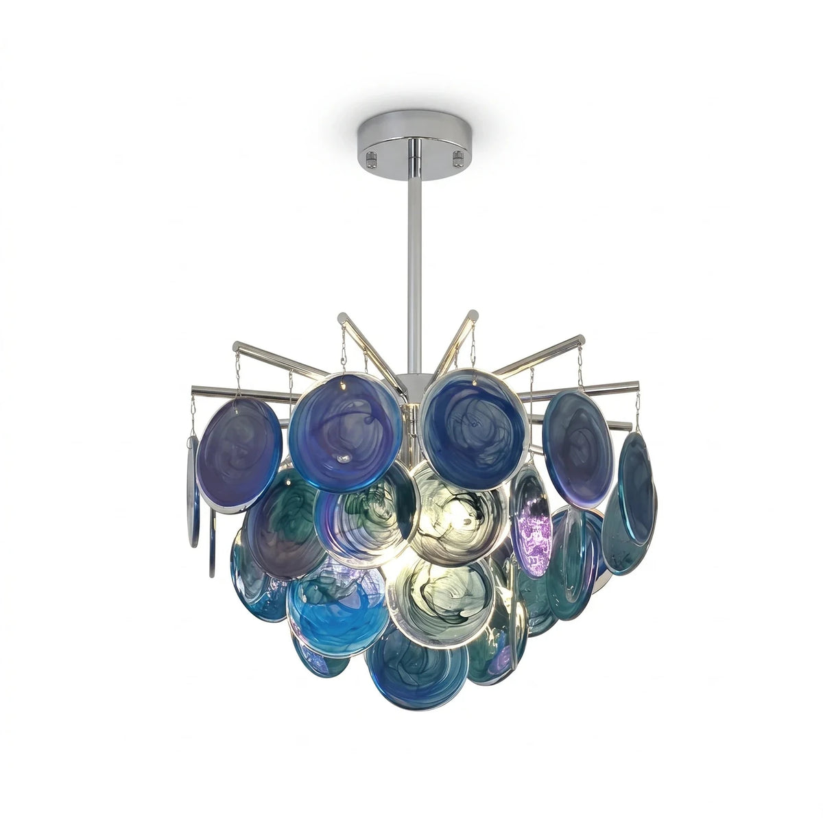 Sculptural Swirl Disc Chandelier in ocean blue glass for Dining Room by AUVIELIGHT