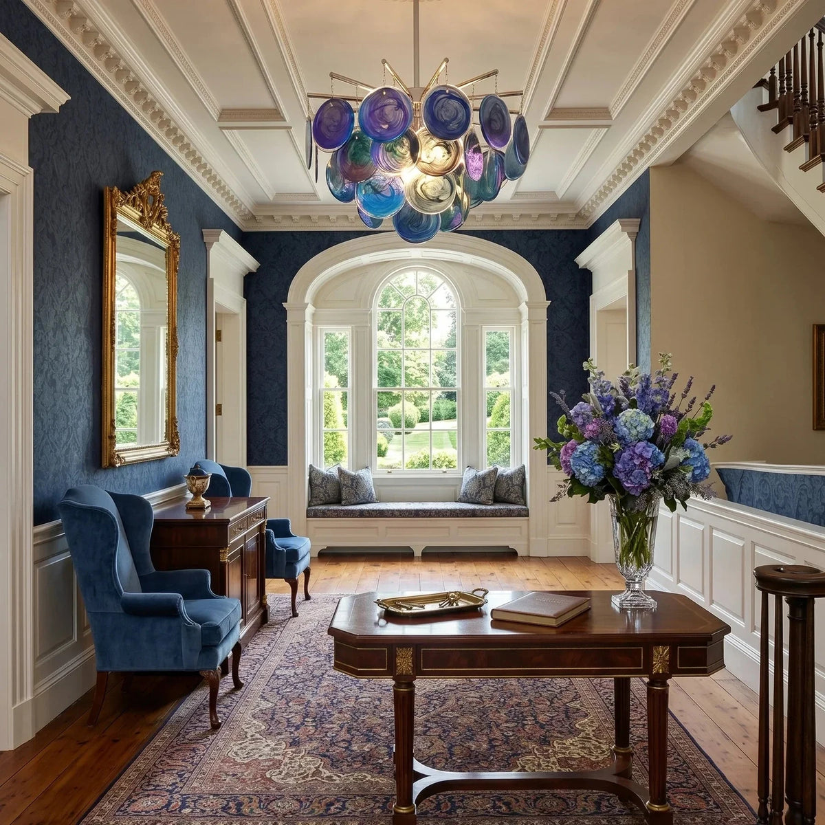 Sculptural Swirl Disc Chandelier in ocean blue glass for Dining Room by AUVIELIGHT