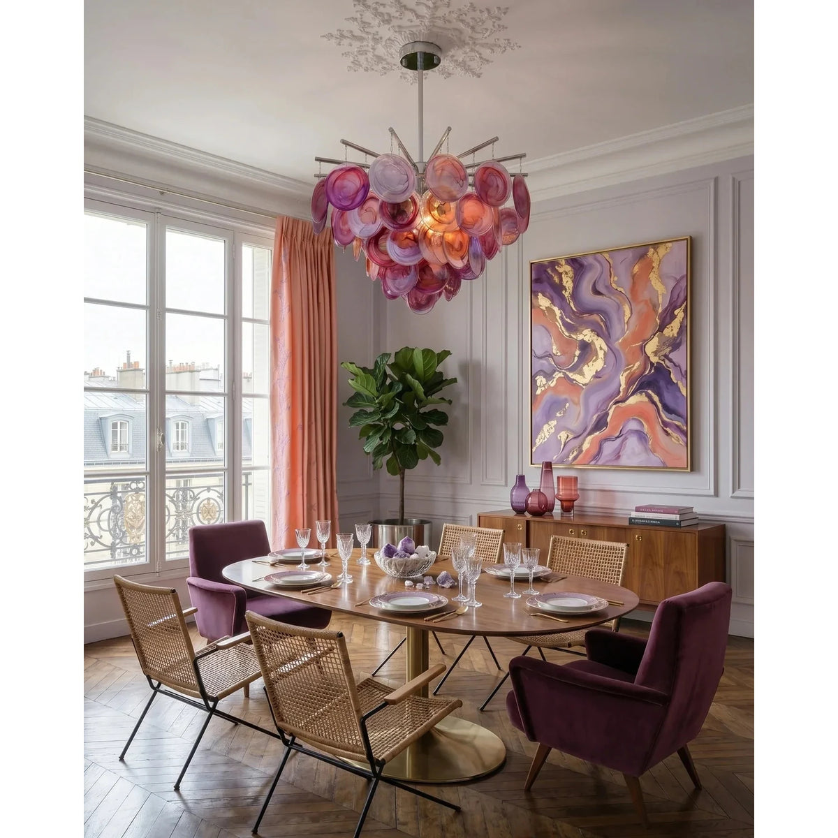 Sculptural Swirl Disc Chandelier in ocean blue glass for Dining Room by AUVIELIGHT