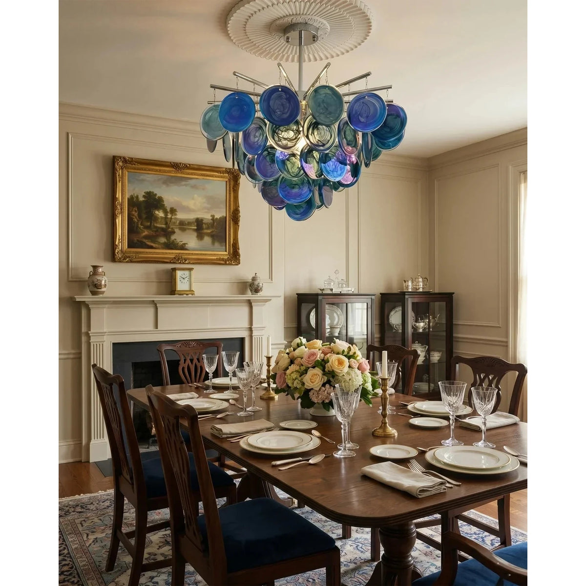 Sculptural Swirl Disc Chandelier in ocean blue glass for Dining Room by AUVIELIGHT
