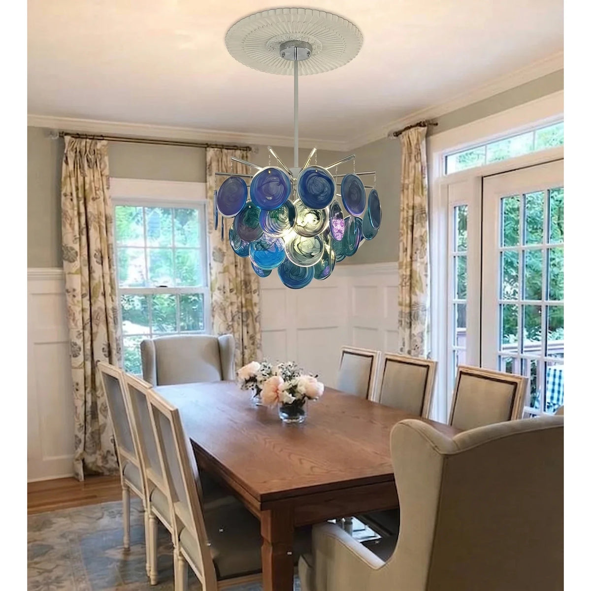 Sculptural Swirl Disc Chandelier in ocean blue glass for Dining Room by AUVIELIGHT