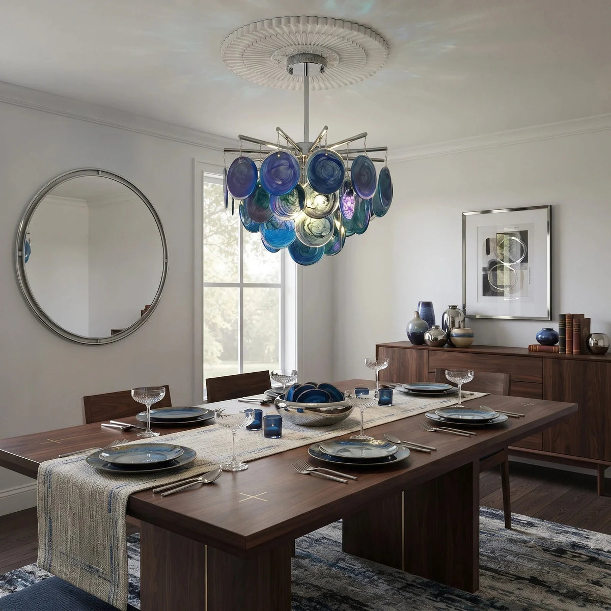 Sculptural Swirl Disc Chandelier in ocean blue glass for Dining Room by AUVIELIGHT