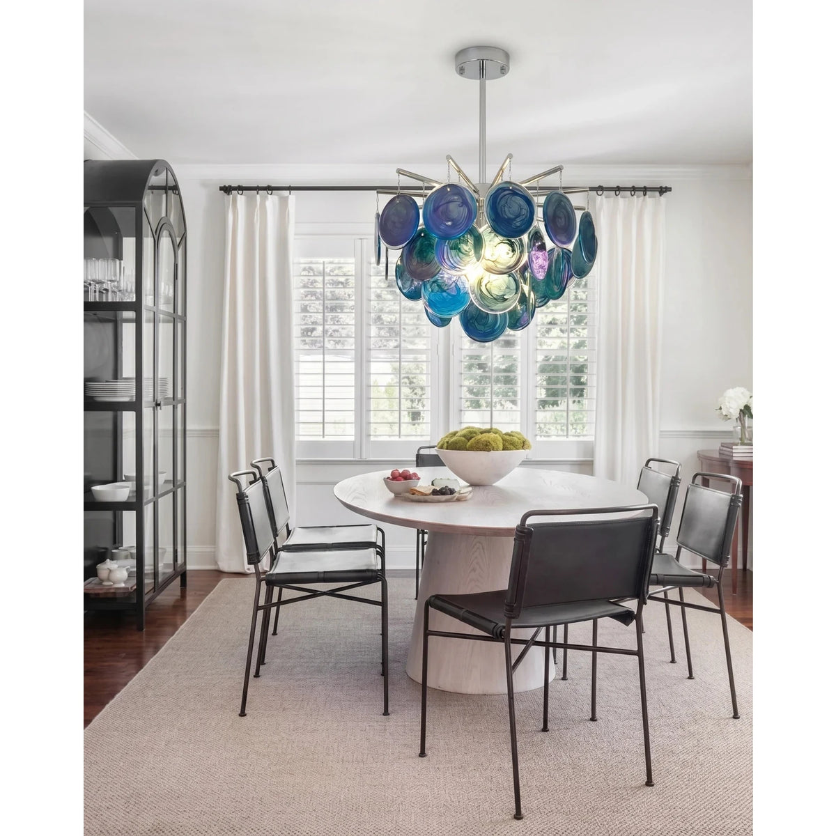 Sculptural Swirl Disc Chandelier in ocean blue glass for Dining Room by AUVIELIGHT
