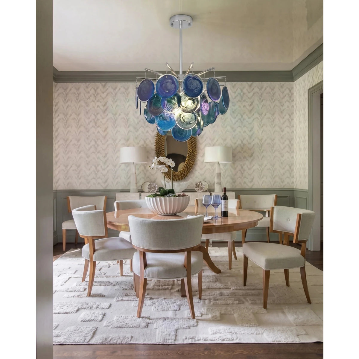 Sculptural Swirl Disc Chandelier in ocean blue glass for Dining Room by AUVIELIGHT