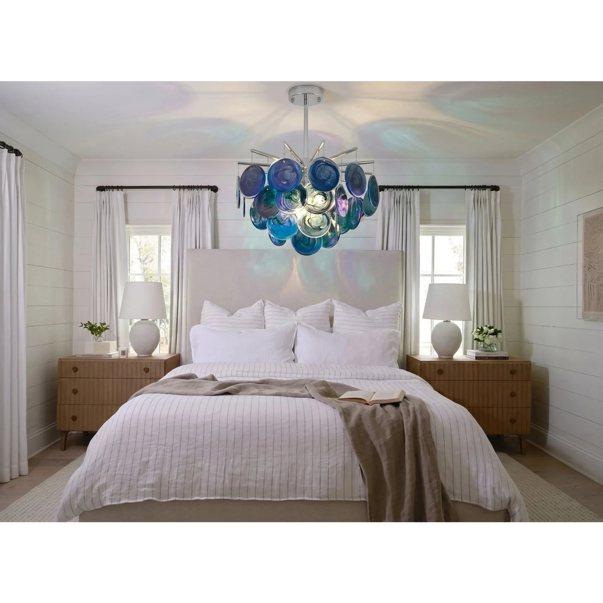Sculptural Swirl Disc Chandelier in ocean blue glass for Dining Room by AUVIELIGHT