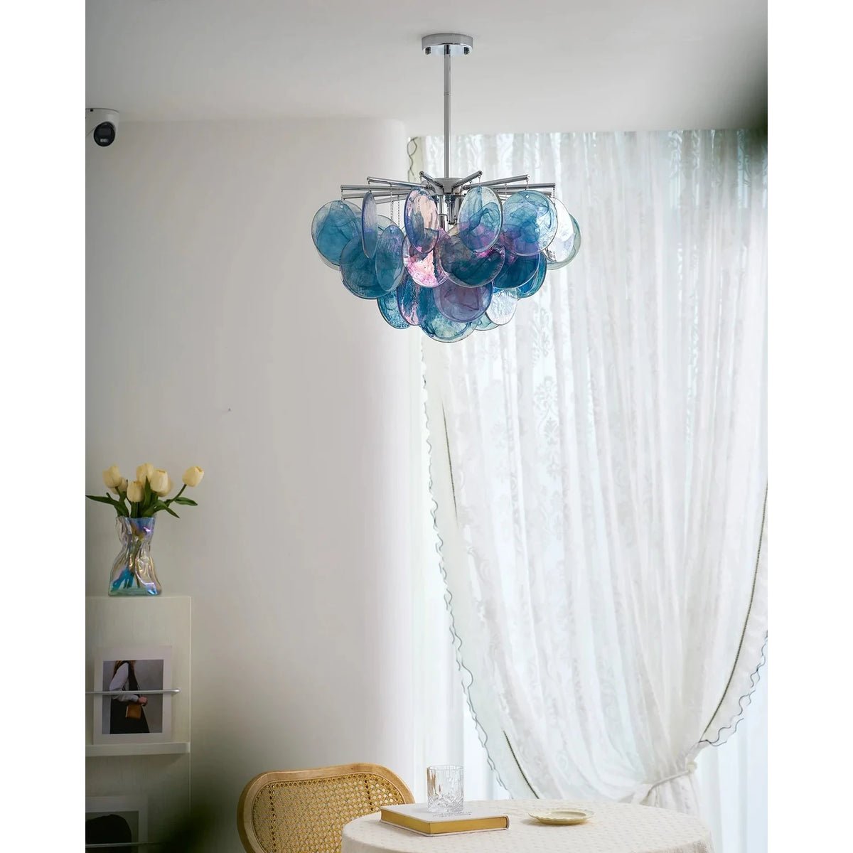 Sculptural Swirl Disc Chandelier in ocean blue glass for Dining Room by AUVIELIGHT