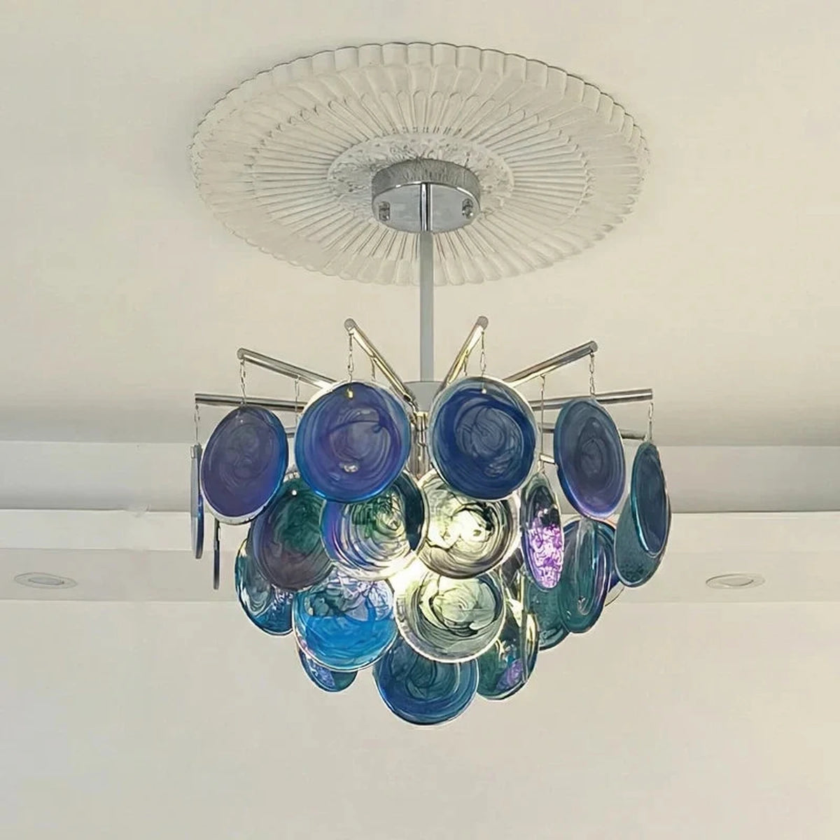 Sculptural Swirl Disc Chandelier in ocean blue glass for Dining Room by AUVIELIGHT, ∅ 19.7″ x H 11.8″ / Blue & Chrome