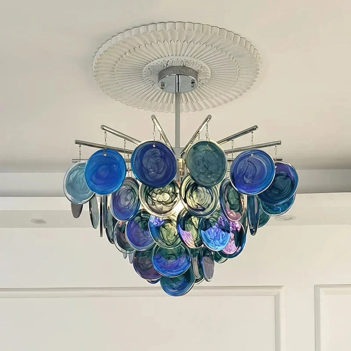Sculptural Swirl Disc Chandelier in ocean blue glass for Dining Room by AUVIELIGHT, ∅ 23.6″ x H 14.2″ / Blue & Chrome